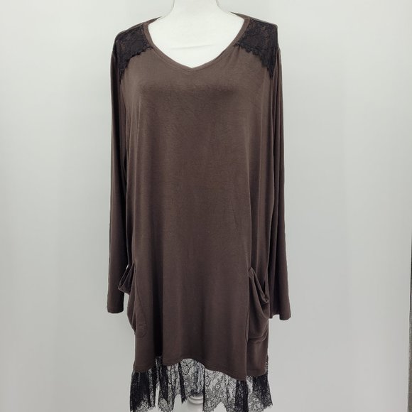 Logo Lori Goldstein Brown Tunic with Lace Hem